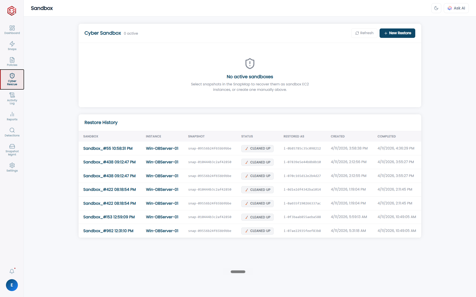Cyber Sandbox restore history