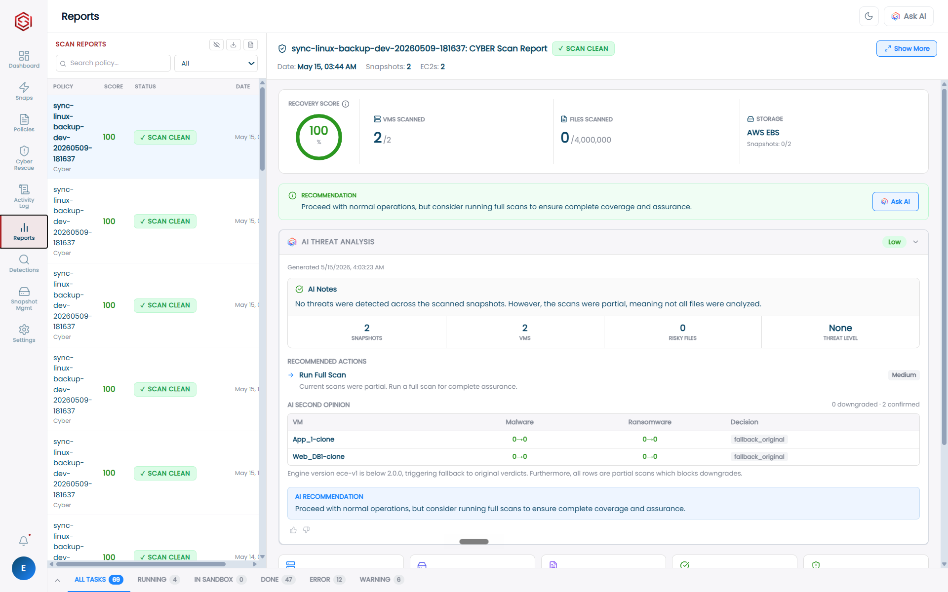 Cybersnap.io scan report with AI threat analysis